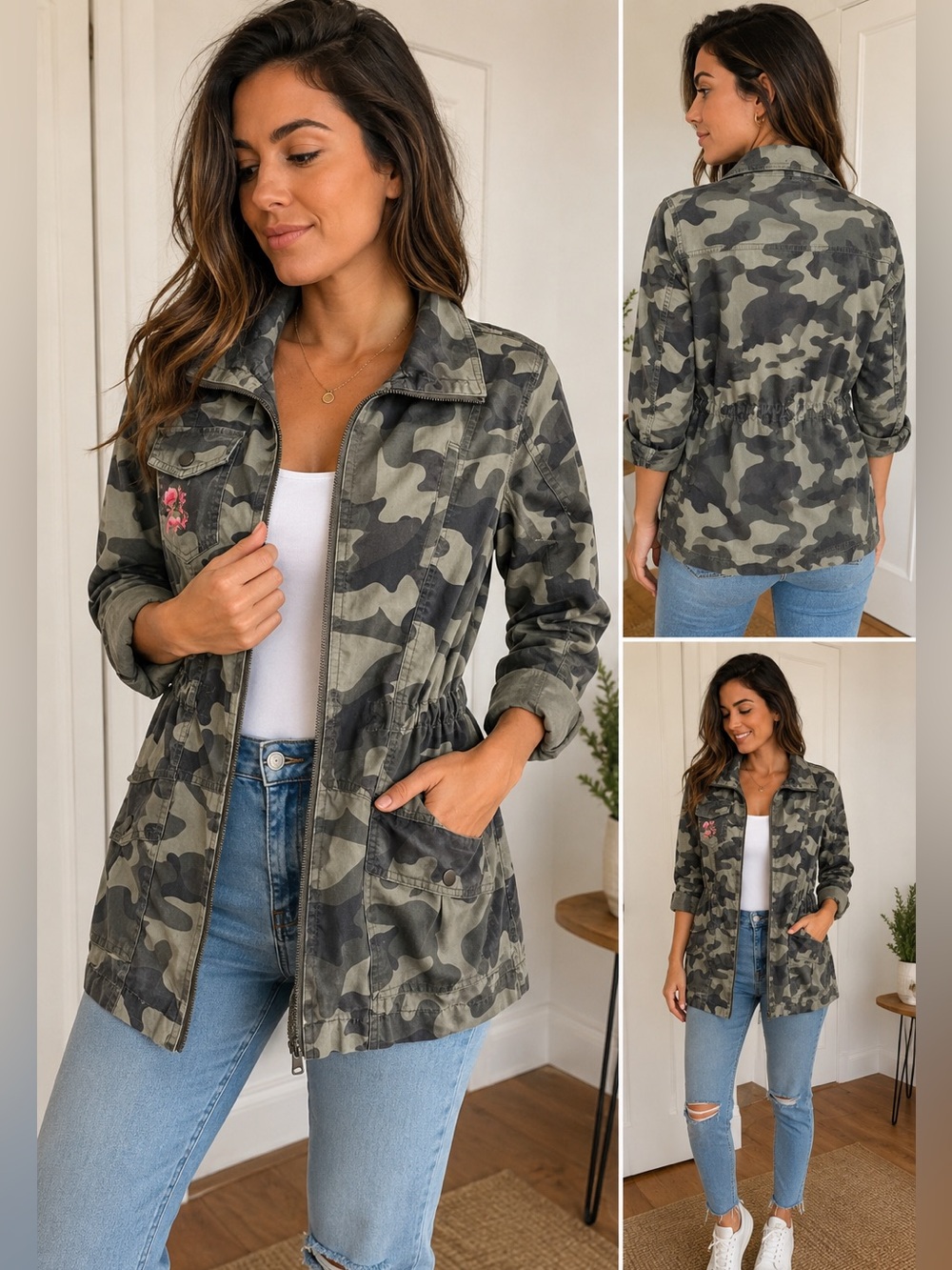 Ashley By 26 International Green Camo Utility Jacket with Pink Floral Accent S - Picture 1 of 12